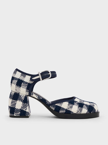 Checkered Block-Heel Ankle-Strap D'Orsay Pumps, Dark Blue, hi-res