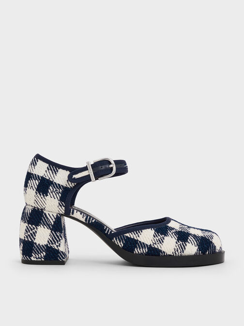 Checkered Block-Heel Ankle-Strap D'Orsay Pumps, Dark Blue, hi-res
