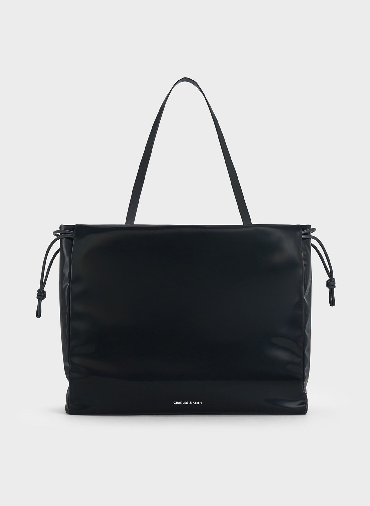 Bethel Shiny Ruched Drawstring Tote Bag, Jet Black, hi-res