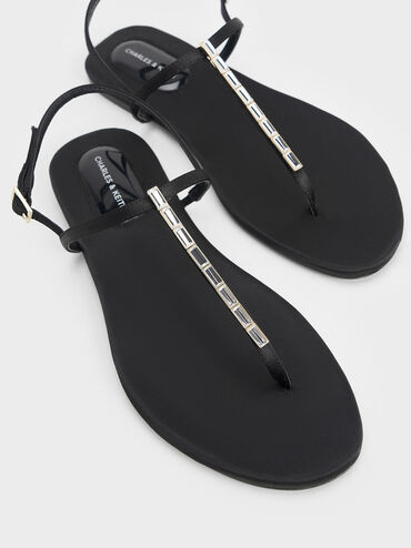 Satin Crystal-Embellished Thong Slingback Sandals, Black Textured, hi-res
