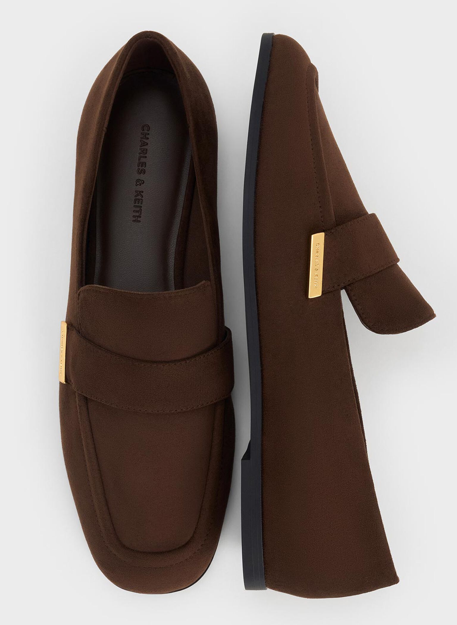 Faux Suede Almond-Toe Flat Loafers, Dark Brown, hi-res