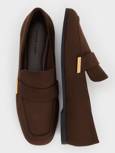 Faux Suede Almond-Toe Flat Loafers, Dark Brown, hi-res