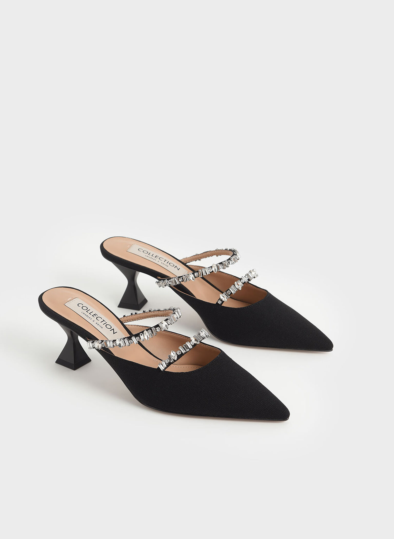 Canvas Double Gem Strap Mules, Black, hi-res
