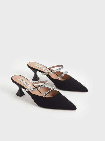 Canvas Double Gem Strap Mules, Black, hi-res