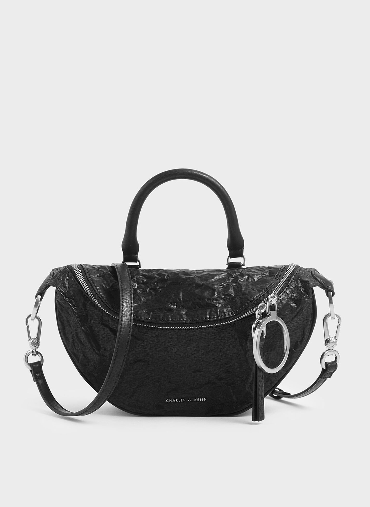 Wrinkled Effect Semi-Circle Crossbody Bag, Black, hi-res