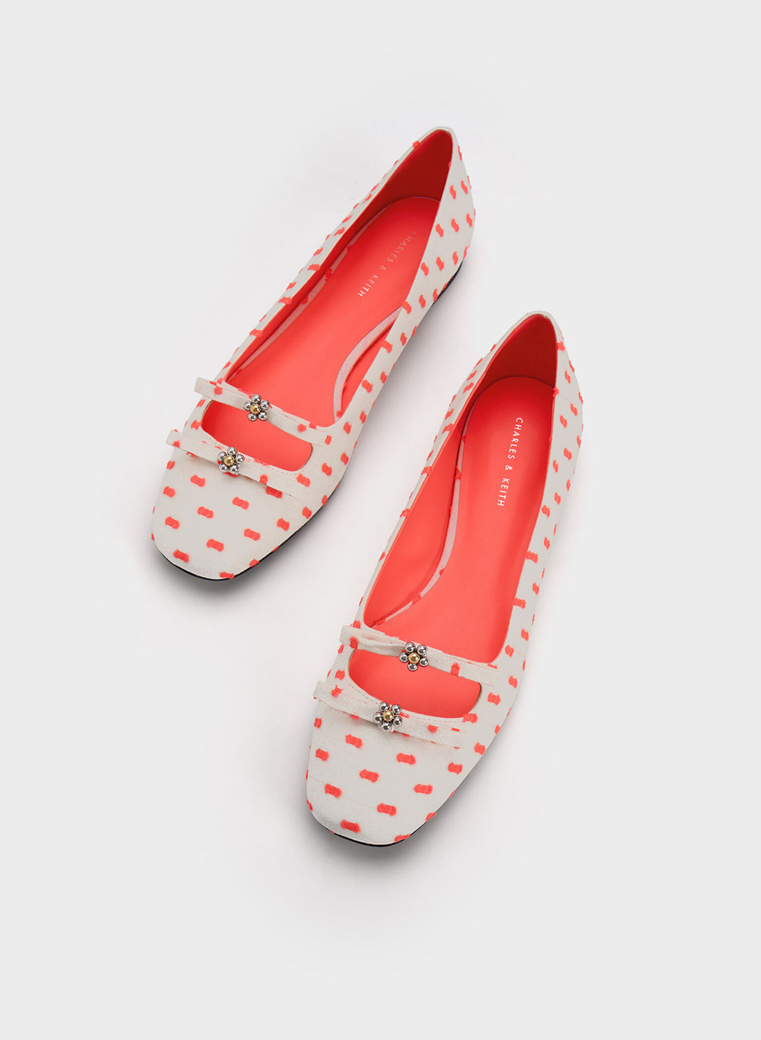 Floral Beaded Printed Bow Ballerinas, Coral Pink, hi-res