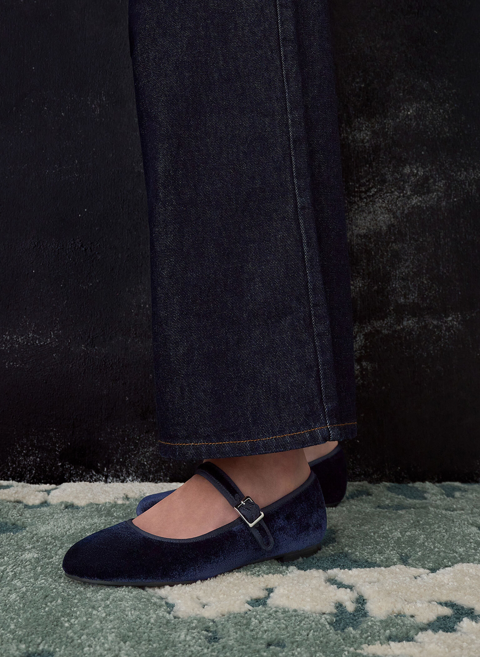 Carmel Velvet Buckled Mary Jane Flats, Dark Blue, hi-res