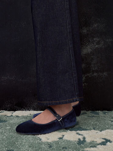 Carmel Velvet Buckled Mary Jane Flats, Dark Blue, hi-res