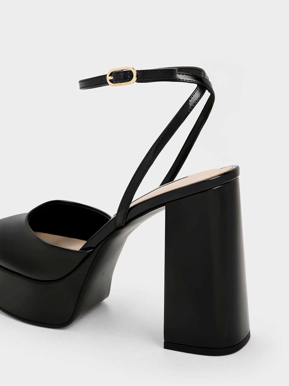 Strappy patent elastane harness chunky clearance platform heel