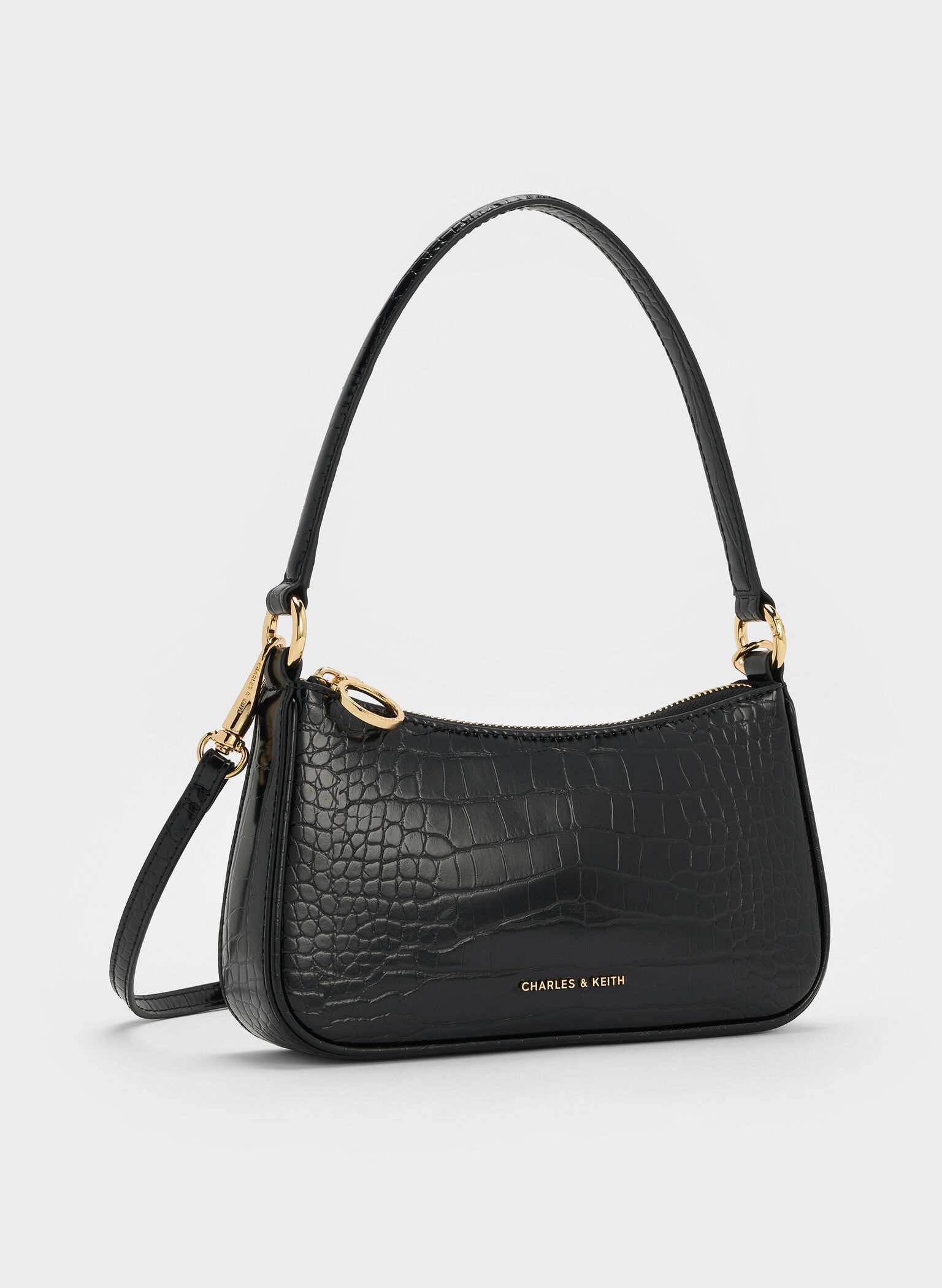 Elspeth Croc-Effect Chain-Link Shoulder Bag, Black Croco, hi-res