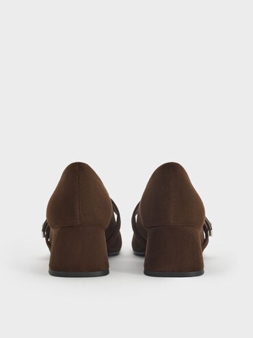 Lando Faux Suede Metallic-Buckle Mary Jane Pumps, Dark Brown Textured, hi-res