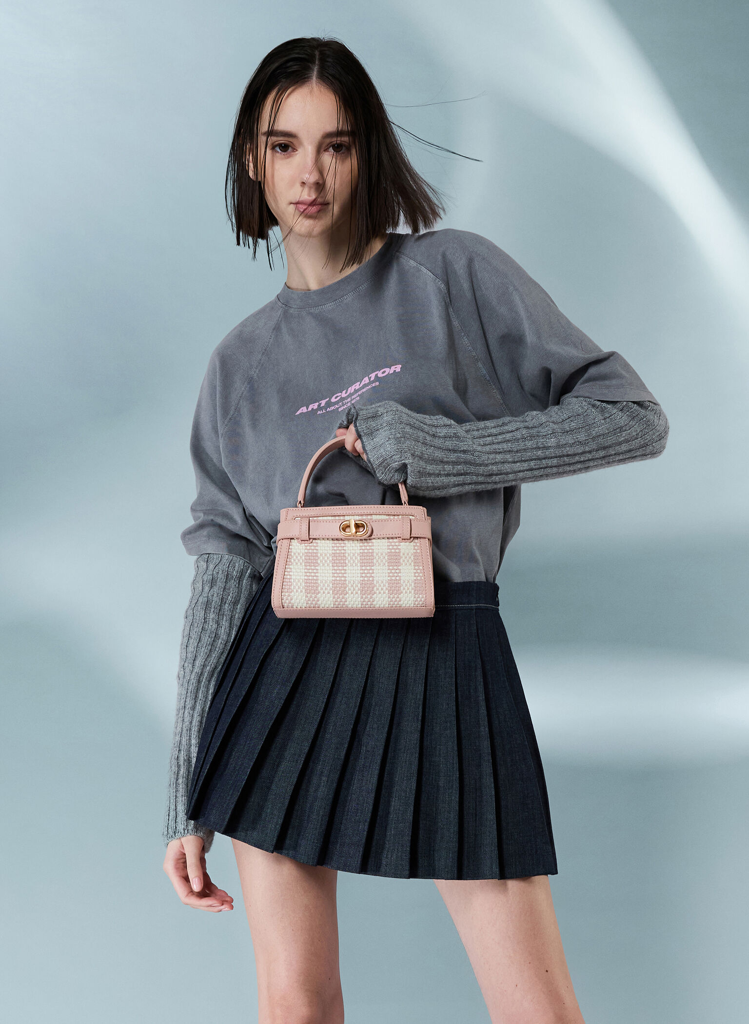 Aubrielle Checkered Top Handle Bag, Light Pink, hi-res