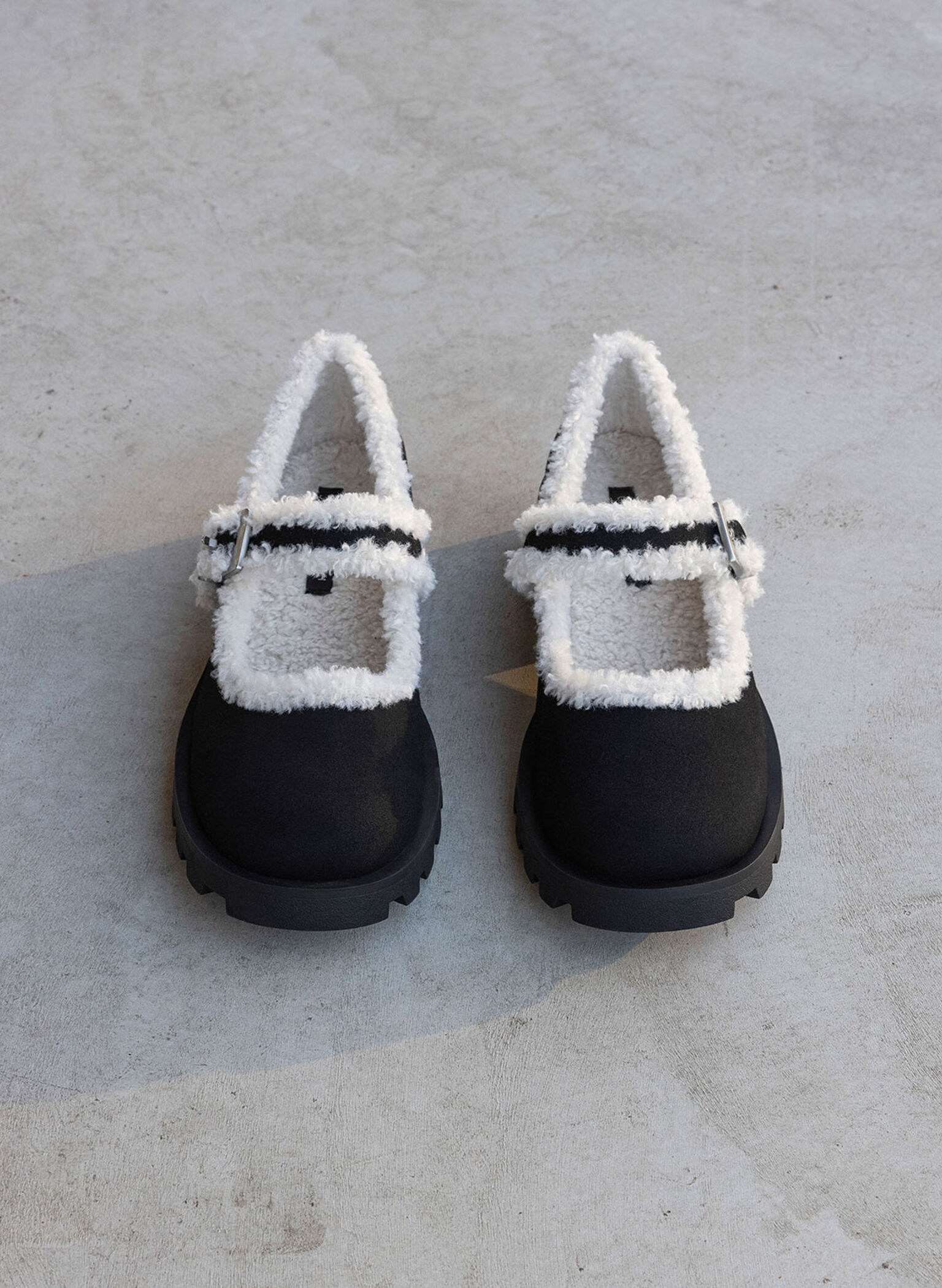 Textured Fur-Trim Buckled Mary Janes, Black Textured, hi-res