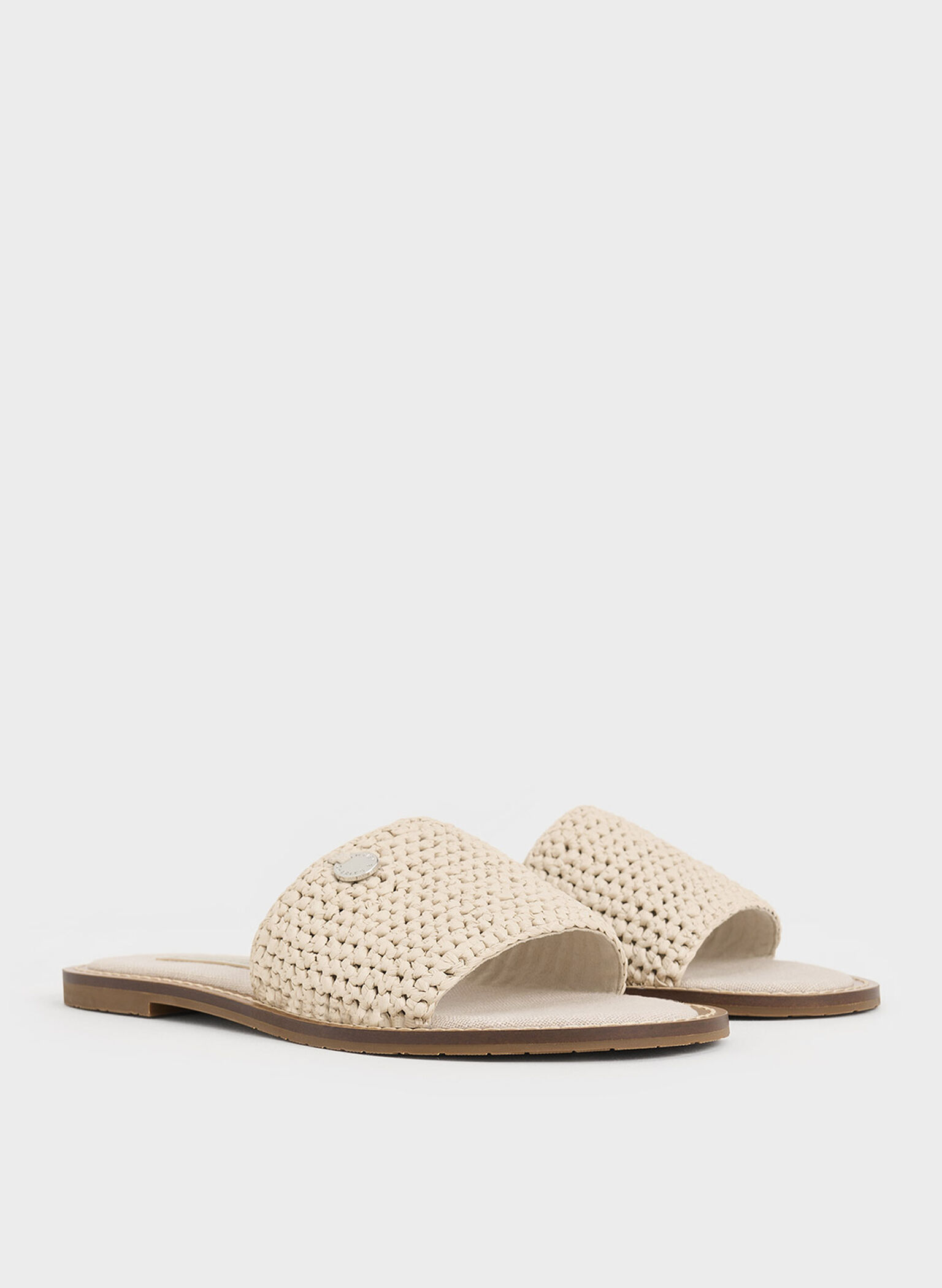 Raffia Woven Slide Sandals, Beige, hi-res