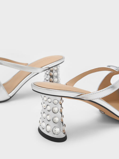Bow Crossover Gem-Embellished Mules, Silver, hi-res
