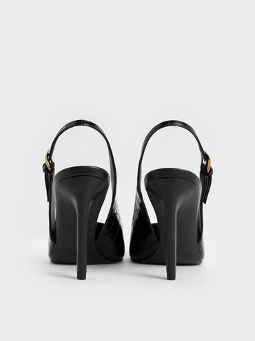 Croc-Effect Cone-Heel Pointed-Toe Pumps, Animal Print Black, hi-res