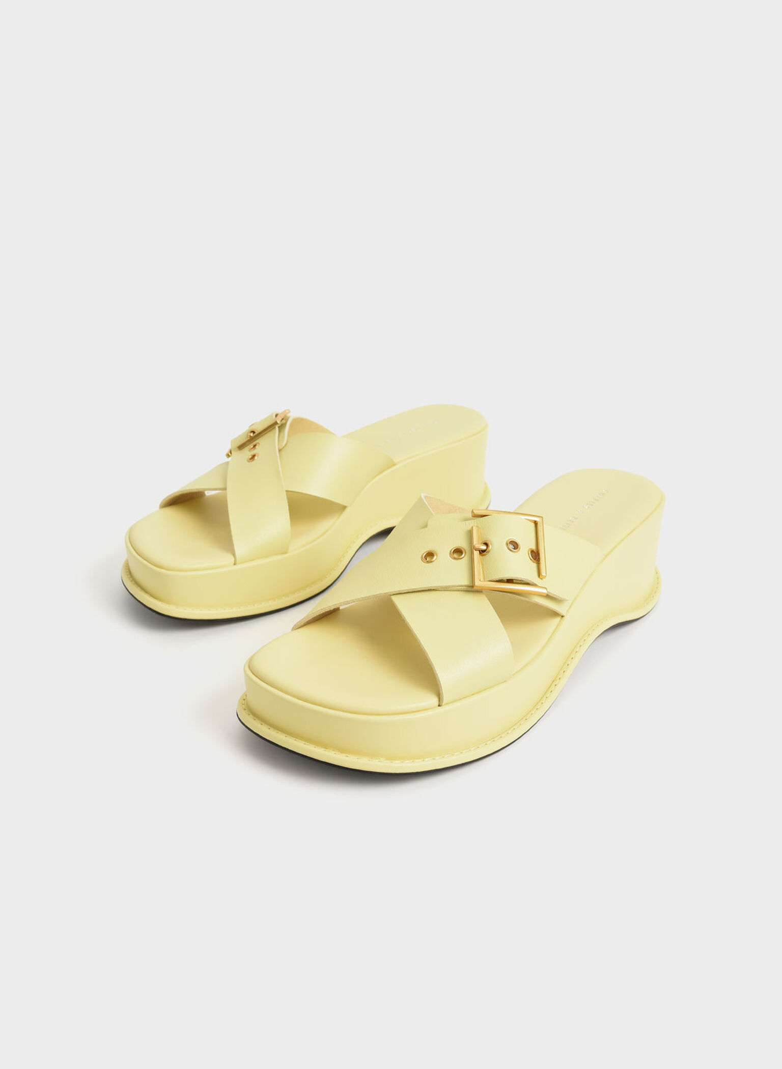 Buckled Crossover Platform Sandals, Yellow, hi-res