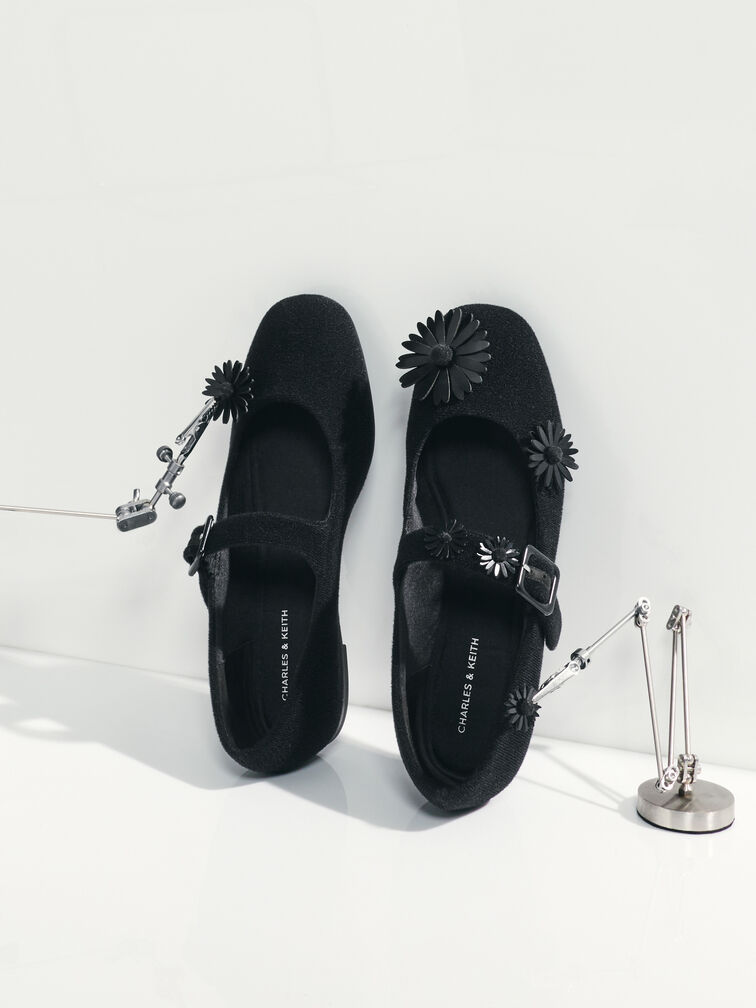Polly Textured Mary Janes With Floral Charms, Black Textured, hi-res