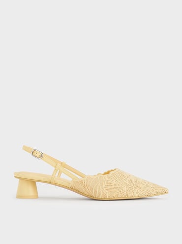 Crochet Floral Pointed-Toe Slingback Pumps, Yellow, hi-res