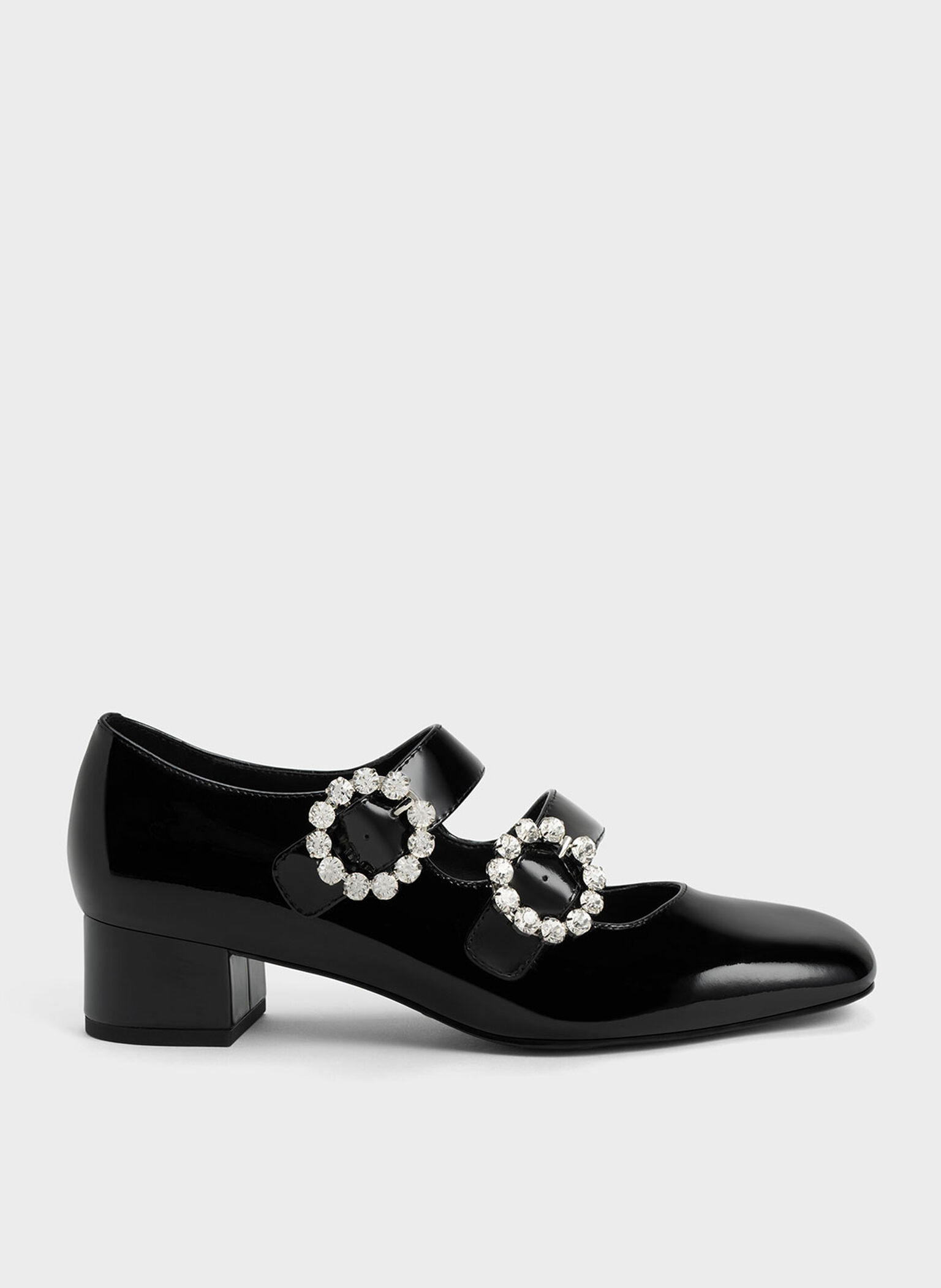 Embellished Buckle Patent Mary Janes, Black, hi-res
