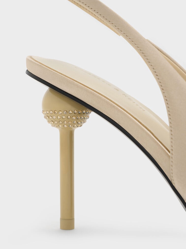 Satin Crystal-Embellished Ball-Heel Pointed-Toe Slingback Pumps, Gold, hi-res