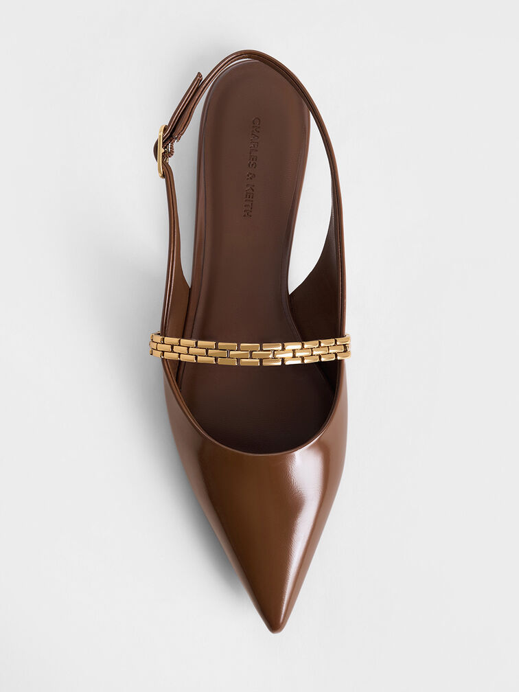 Chain-Strap Pointed-Toe Slingback Flats, Brown, hi-res