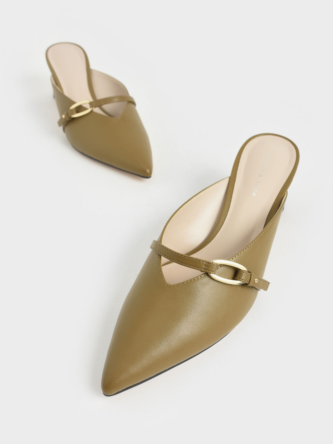 Metallic Accent Pointed Mules, Olive, hi-res