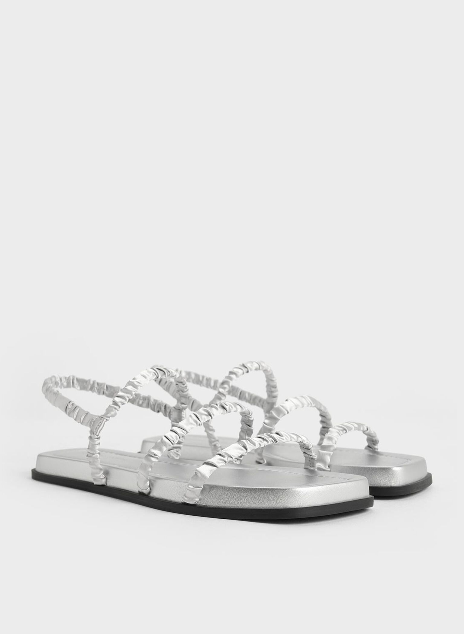 Recycled Polyester Ruched Strappy Sandals, Silver, hi-res