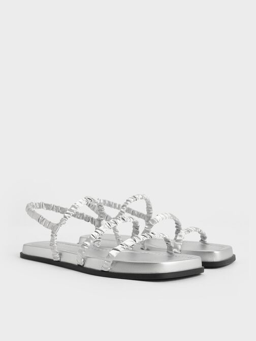Recycled Polyester Ruched Strappy Sandals, Silver, hi-res