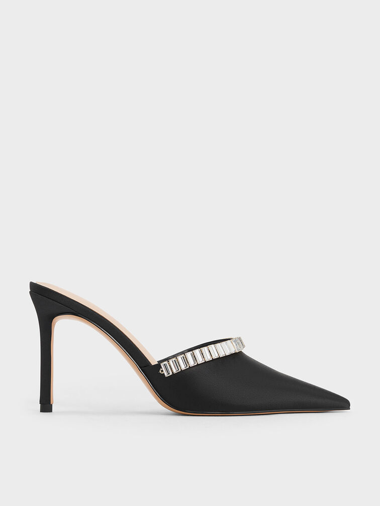 Satin Crystal-Embellished Pointed-Toe Heeled Mules, Black Textured, hi-res