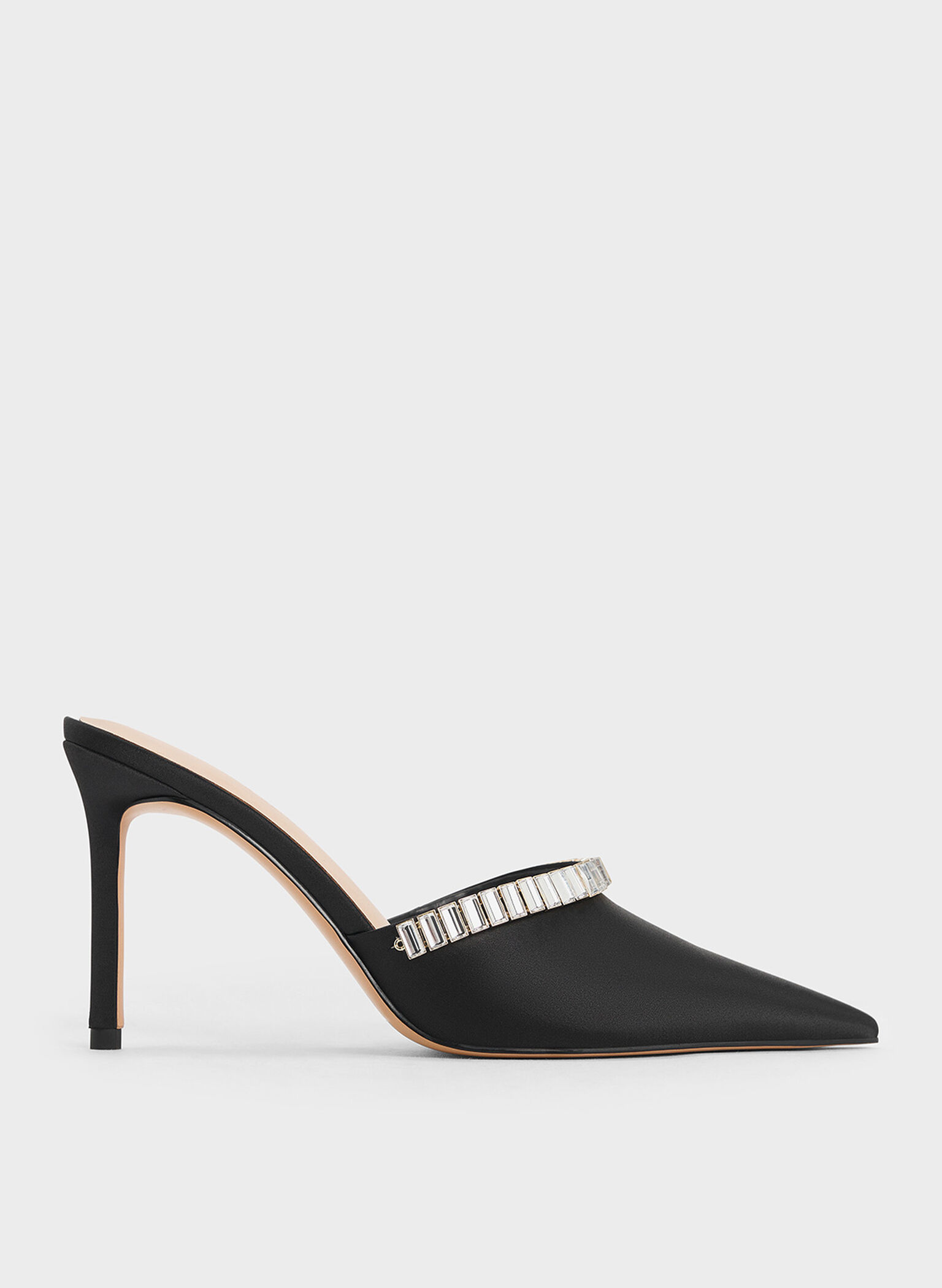 Satin Crystal-Embellished Pointed-Toe Heeled Mules, Black Textured, hi-res