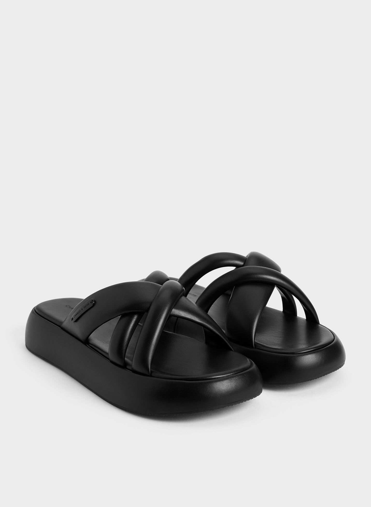 Puffy Crossover-Strap Slide Sandals, Black, hi-res