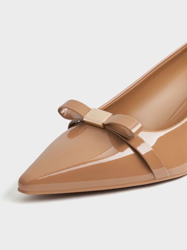 Dorian Patent Bow Pointed-Toe Block-Heel Pumps, Caramel, hi-res