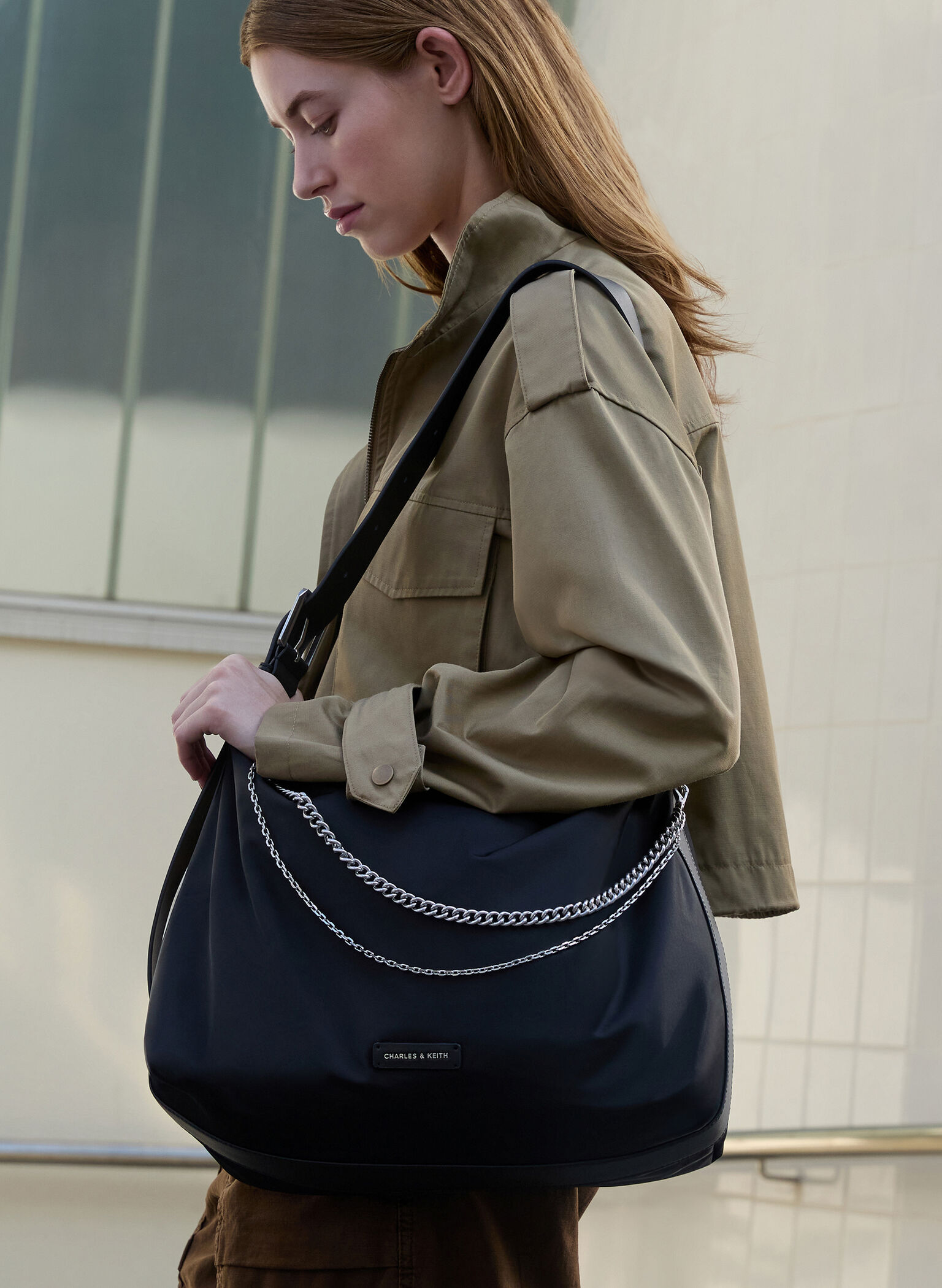 Nylon Chain-Link Slouchy Shoulder Bag, Noir, hi-res