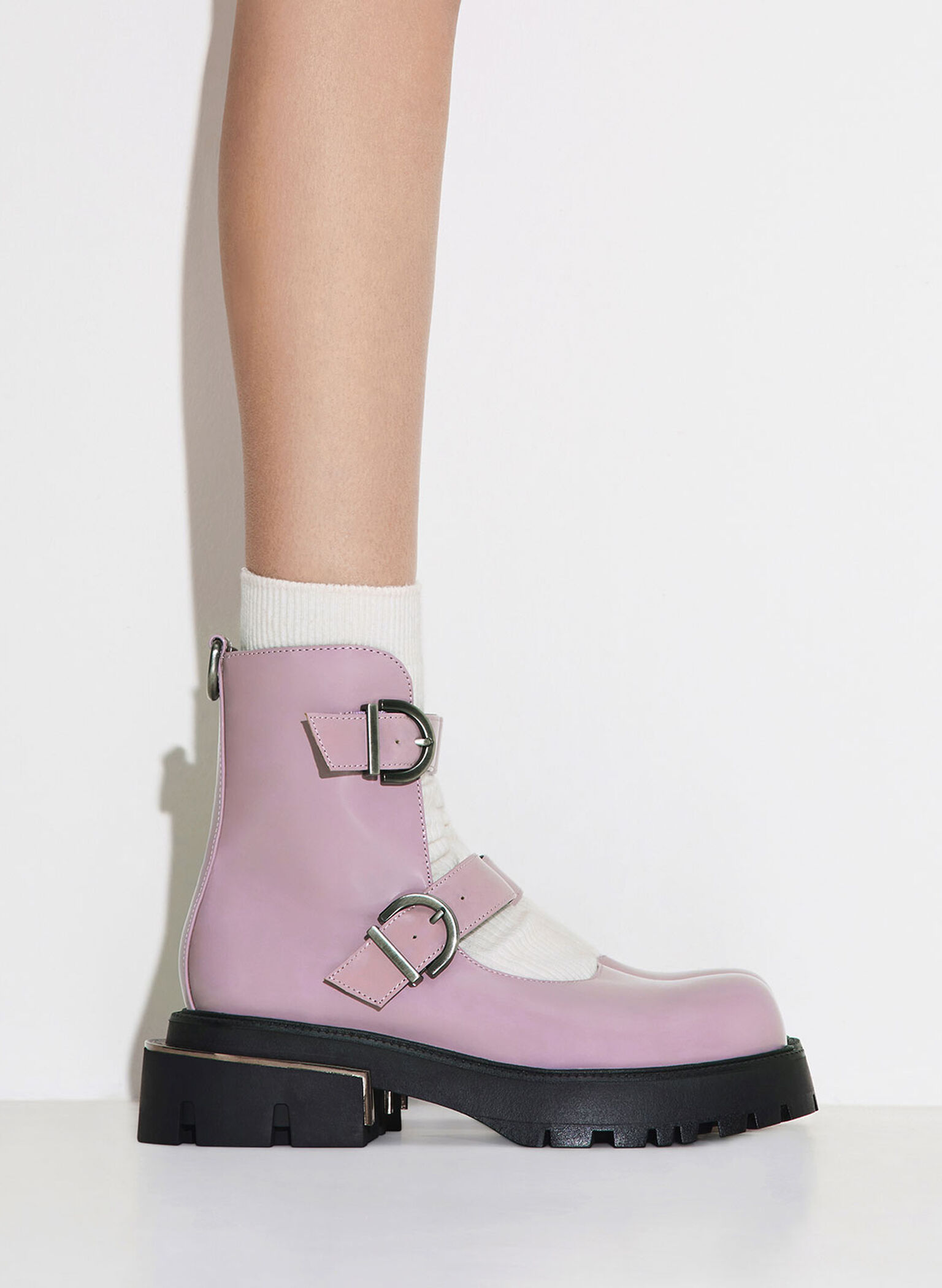 Selma Patent Buckled Chunky Boots, Lilac, hi-res
