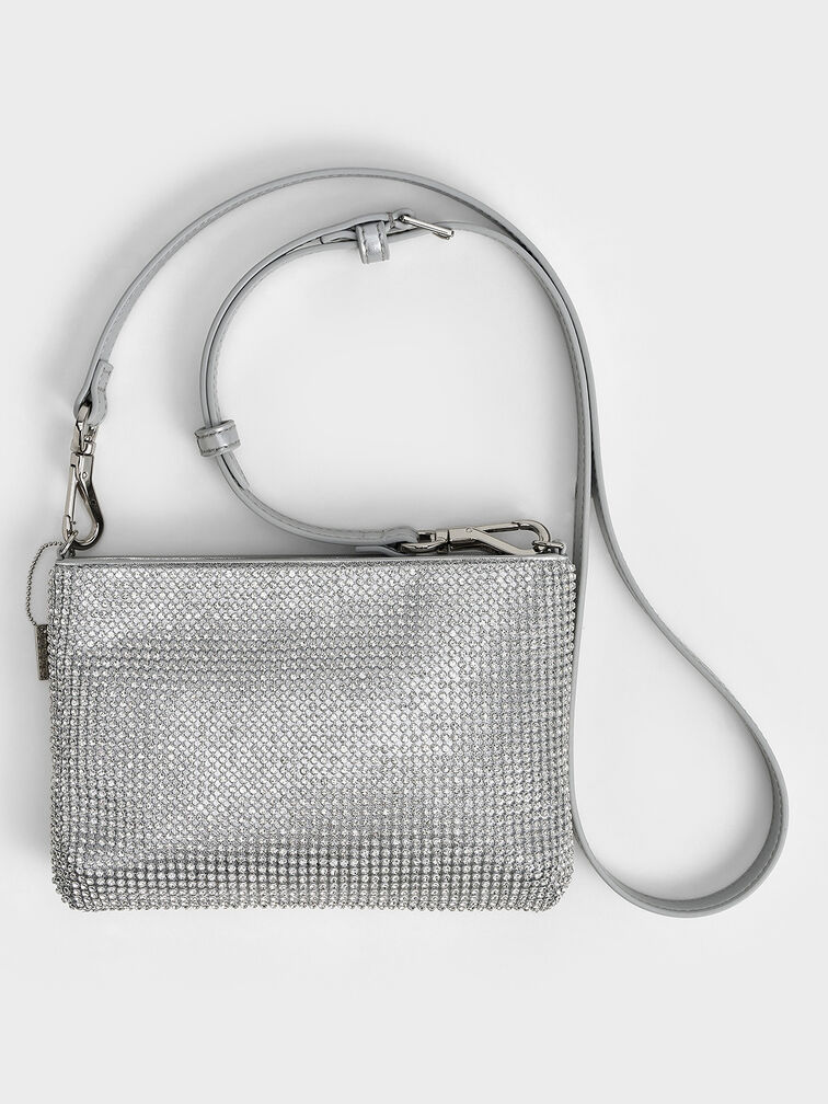 Crystal-Embellished Chain-Handle Shoulder Bag, Silver, hi-res