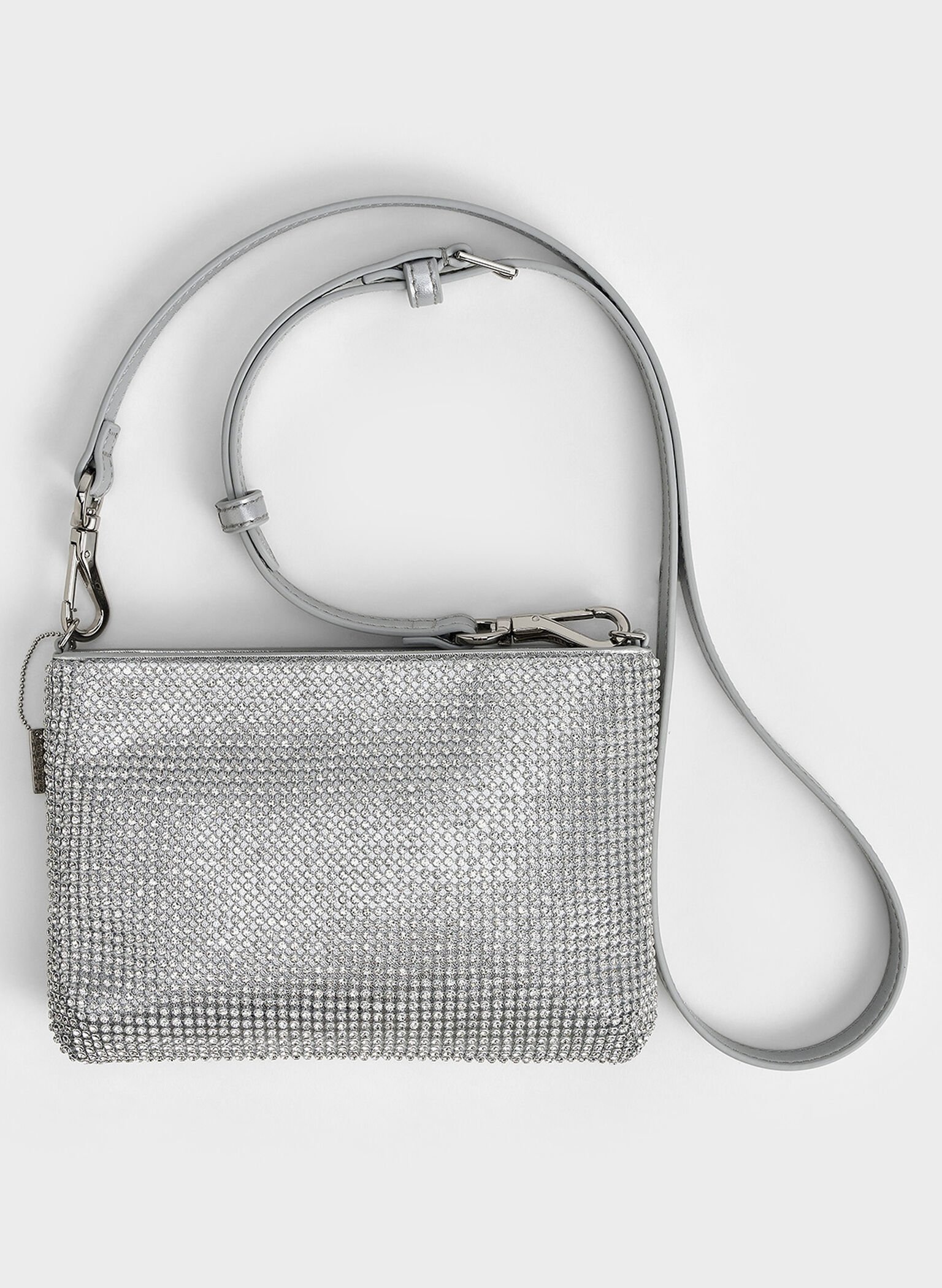 Crystal-Embellished Chain-Handle Shoulder Bag, Silver, hi-res