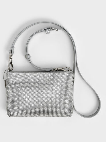 Crystal-Embellished Chain-Handle Shoulder Bag, Silver, hi-res