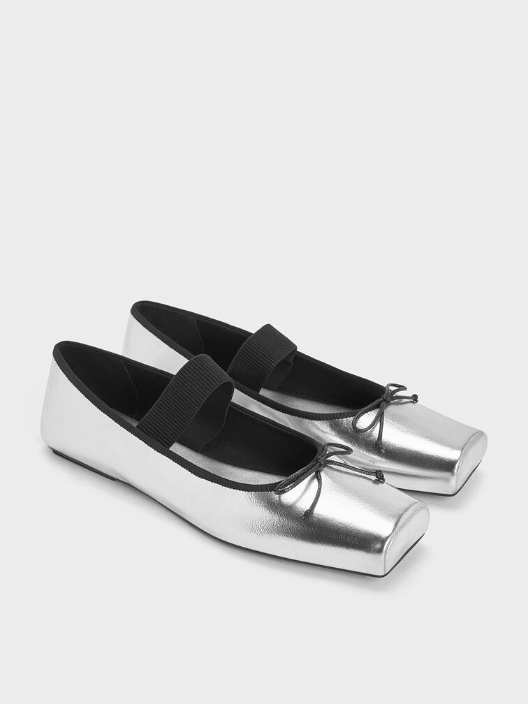 Metallic Square-Toe Mary Jane Ballet Flats, Silver, hi-res