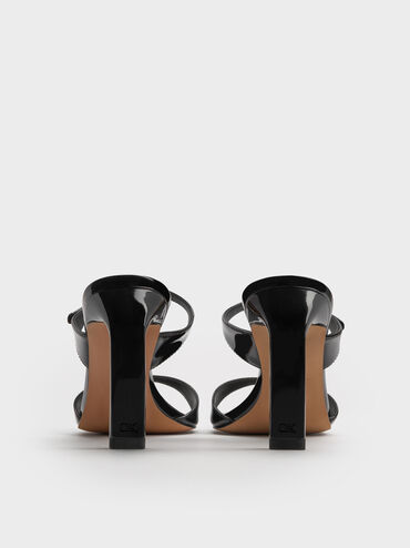 Patent Leather Gem-Buckle Double-Strap Heeled Sandals, Black Patent, hi-res