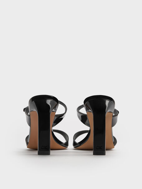 Patent Leather Gem-Buckle Double-Strap Heeled Sandals, Black Patent, hi-res