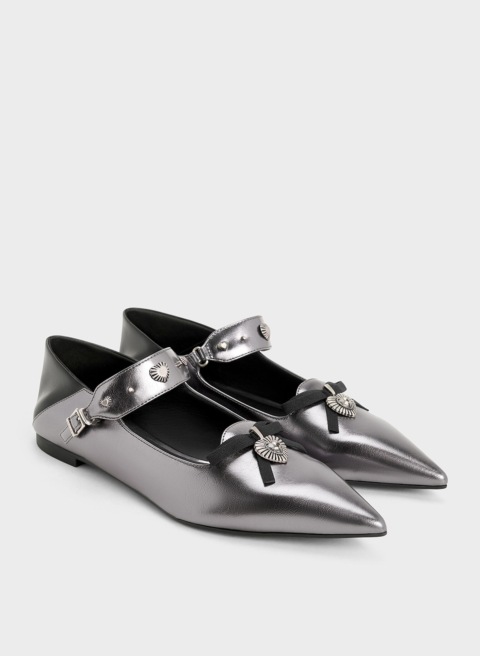 Studded Heart-Embellished Pointed-Toe Mary Janes, Pewter, hi-res