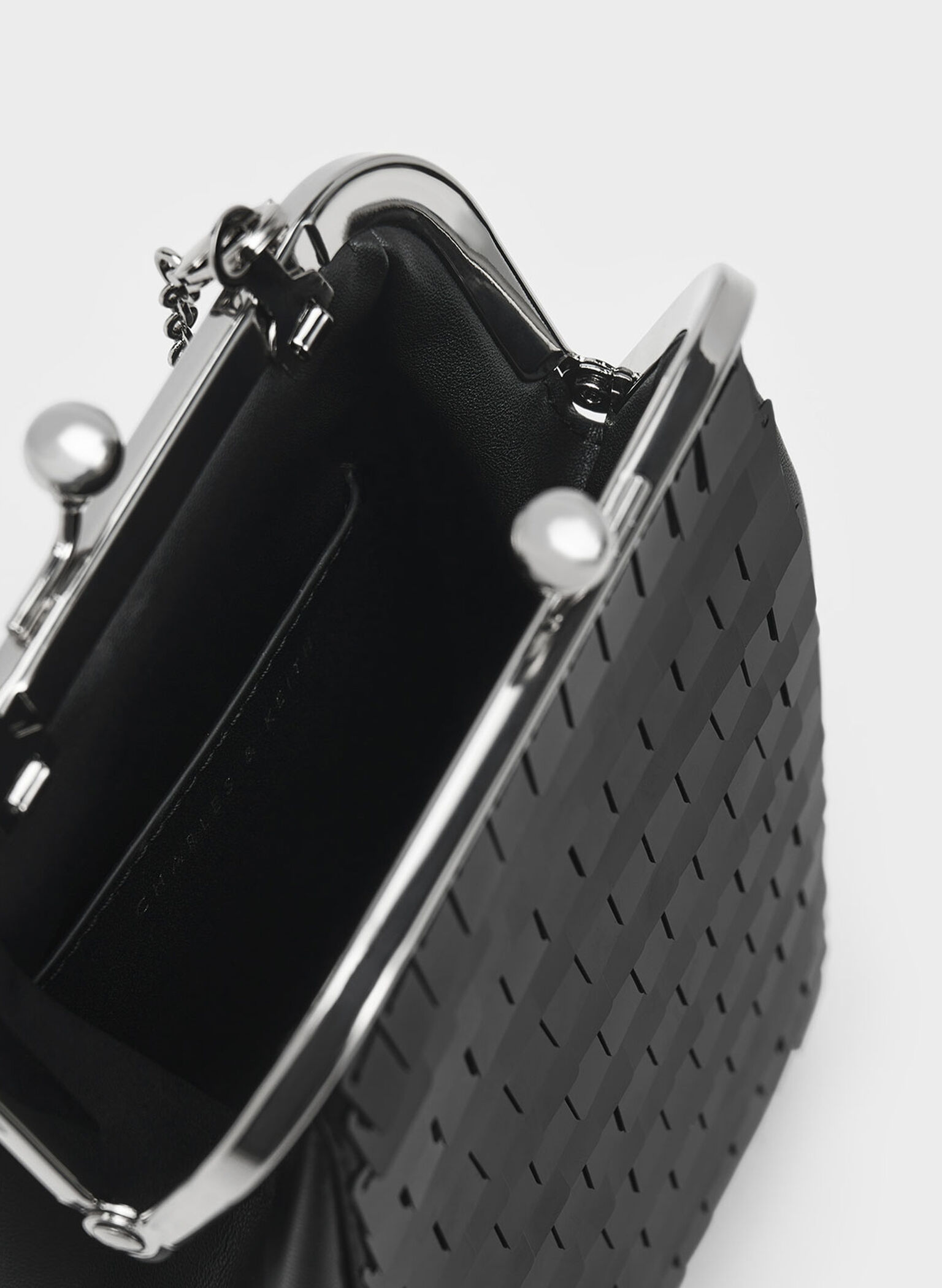 Disc-Embellished Chain Handle Pouch, Black, hi-res
