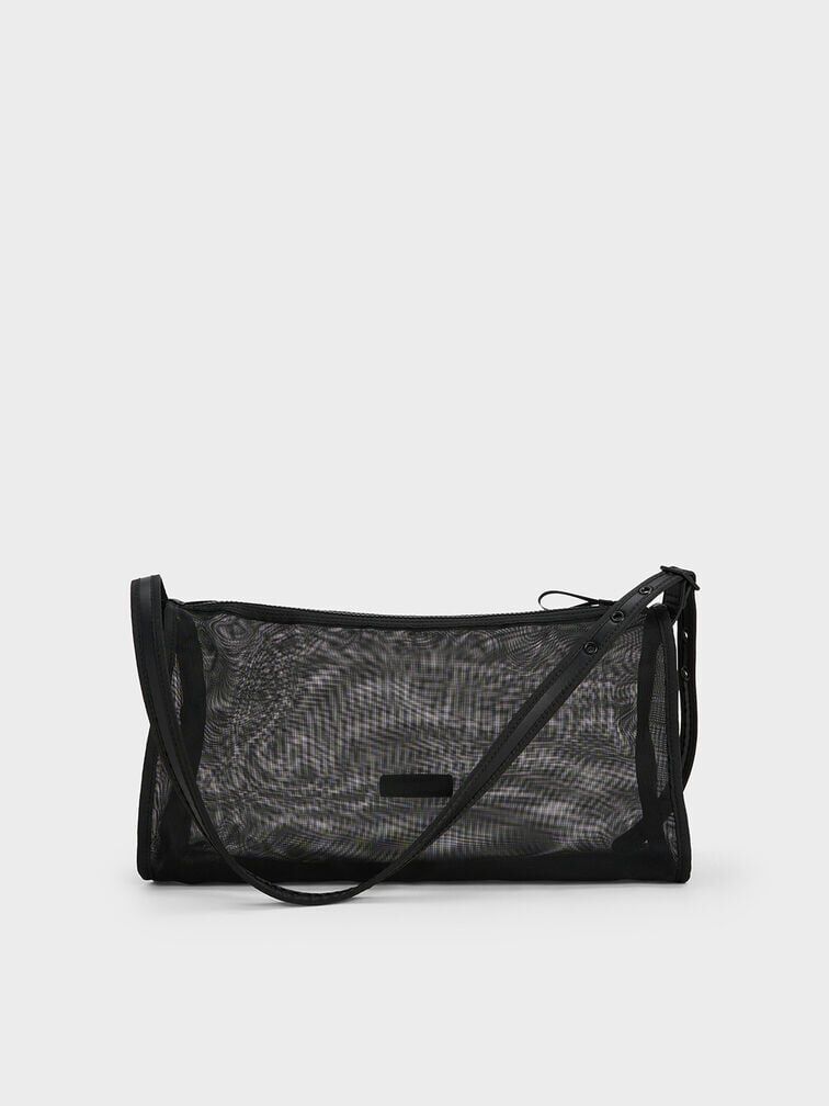 Mesh Elongated Shoulder Bag, Jet Black, hi-res