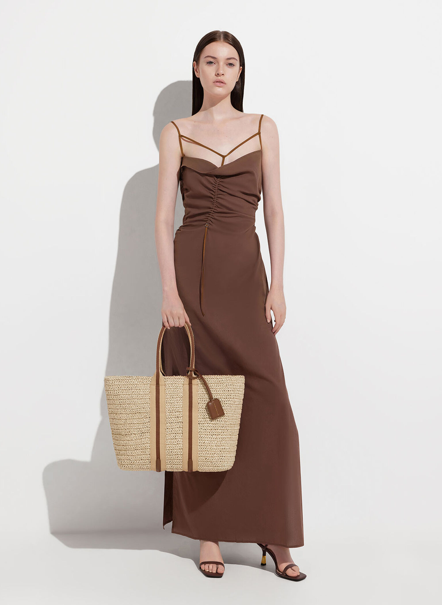 Striped Handles Raffia Tote Bag, Chocolate, hi-res
