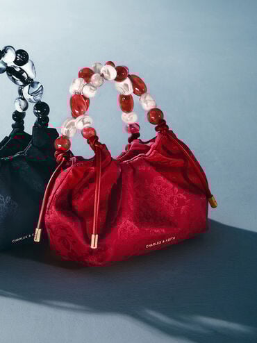 Aviary Jacquard Beaded-Handle Bag, Crimson Red, hi-res