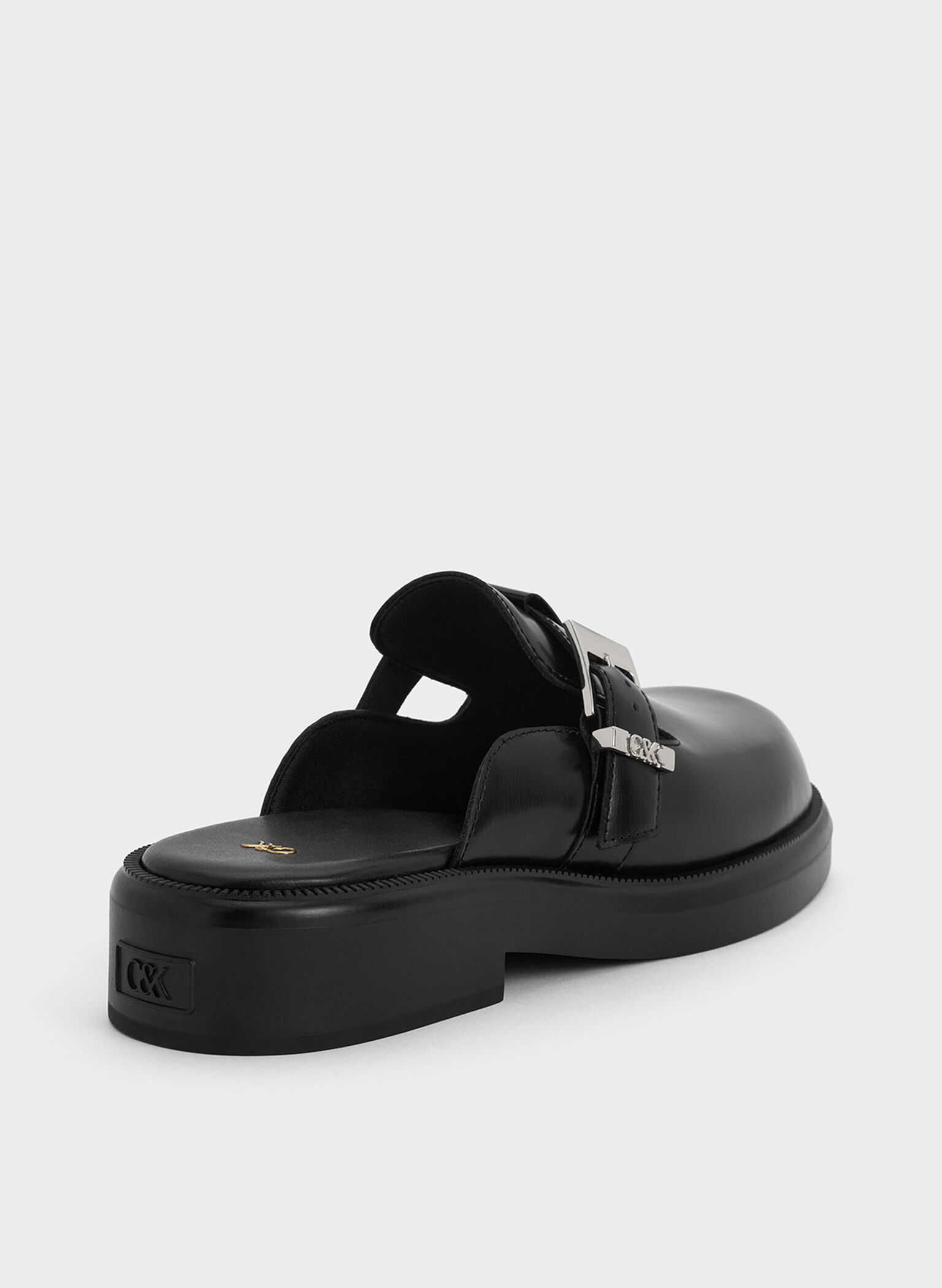 Leather Buckled Mules, Black, hi-res