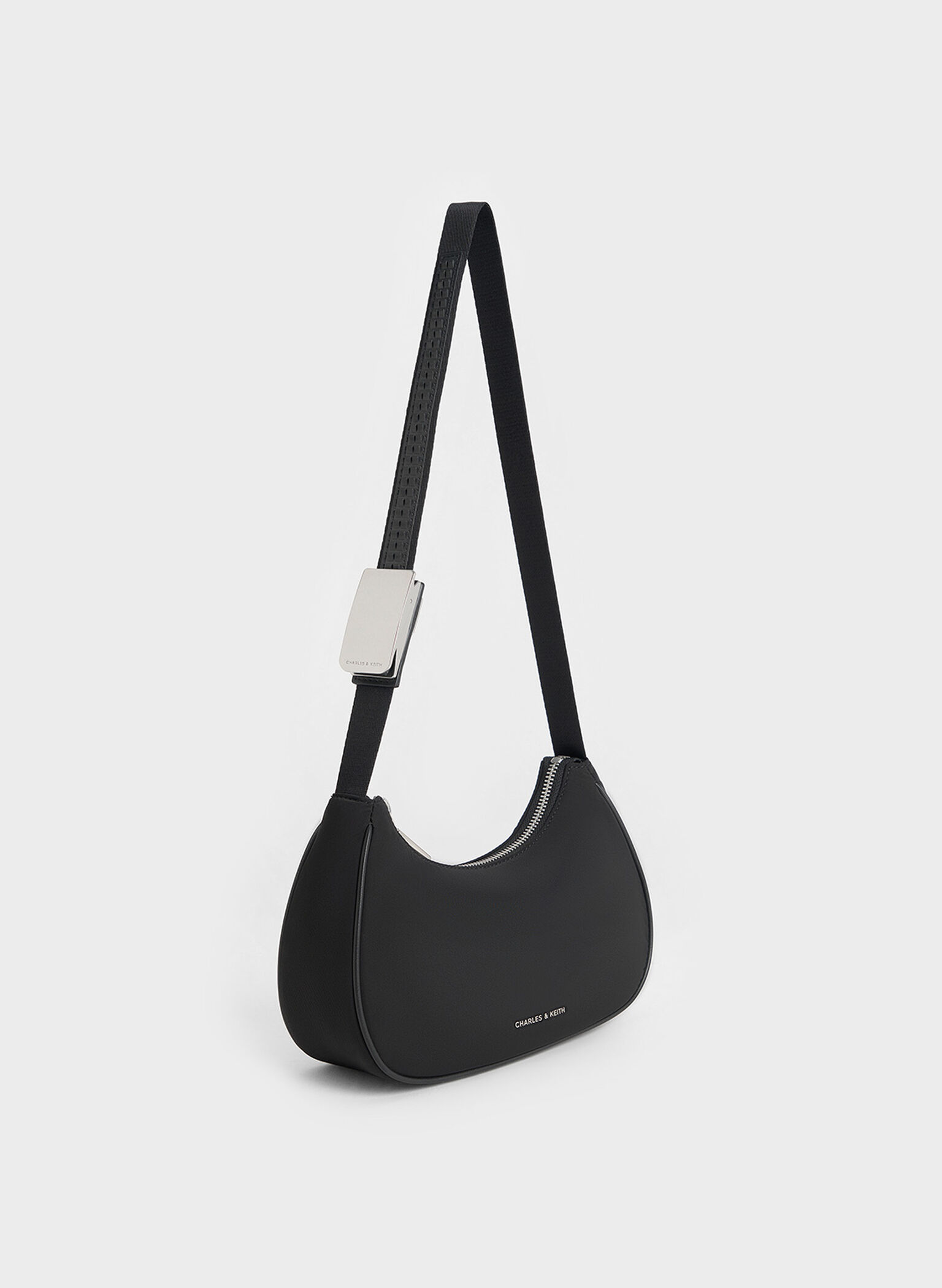 Nylon Curved Metallic-Accent Shoulder Bag, Noir, hi-res