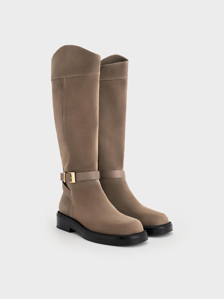 Leather & Suede Buckled-Strap Knee-High Boots, Taupe, hi-res