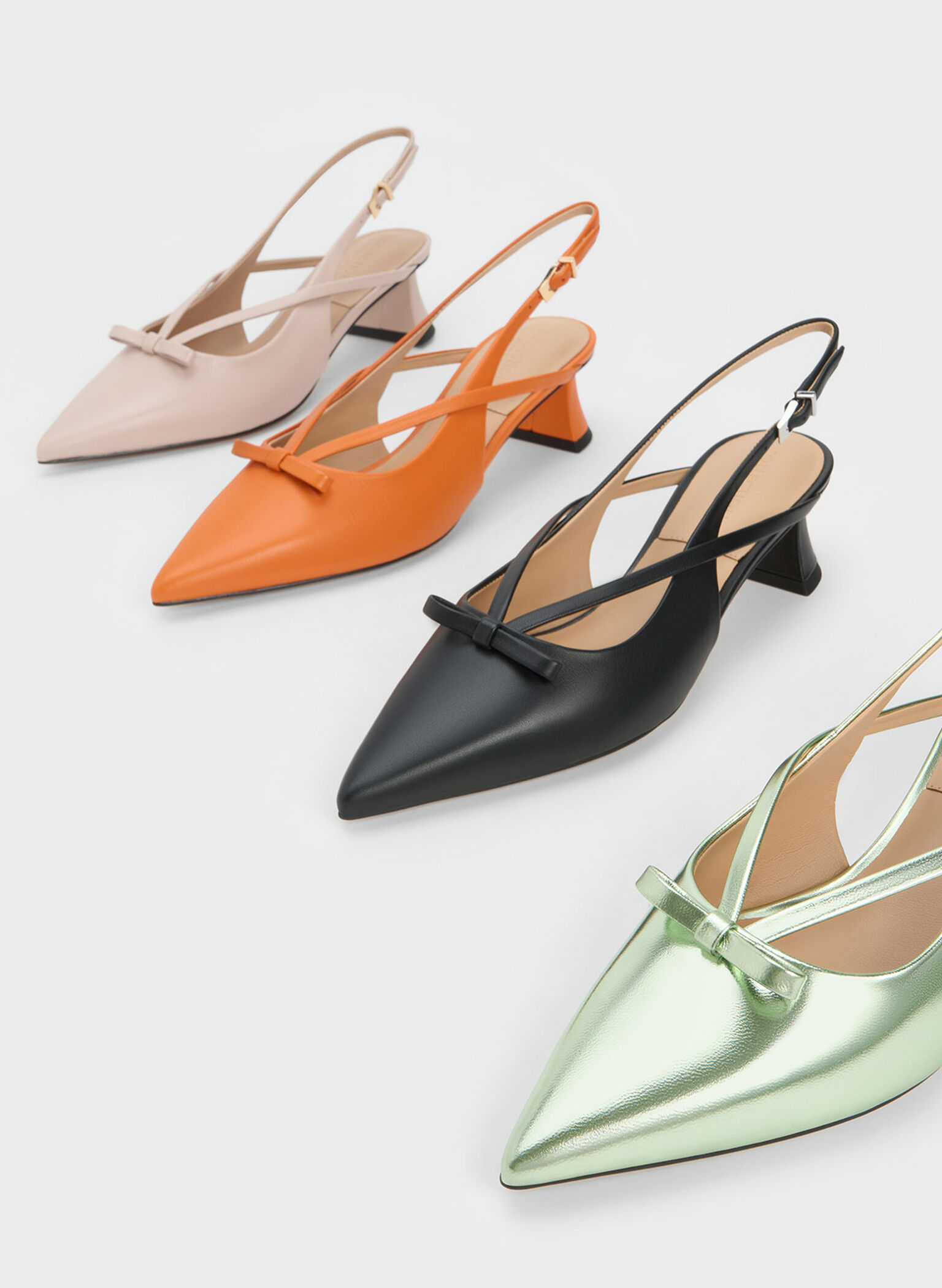 Leather Bow Strappy Slingback Pumps, Black, hi-res